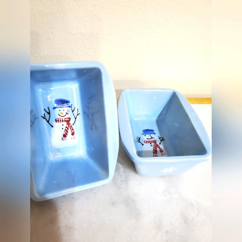 Crate&Barrel Blue Snowman Ceramic Loaf Pan Baking Dish Set